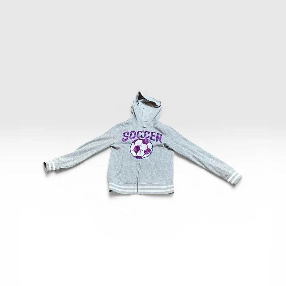 Justice Gray Hoodie with Purple Soccer Graphic